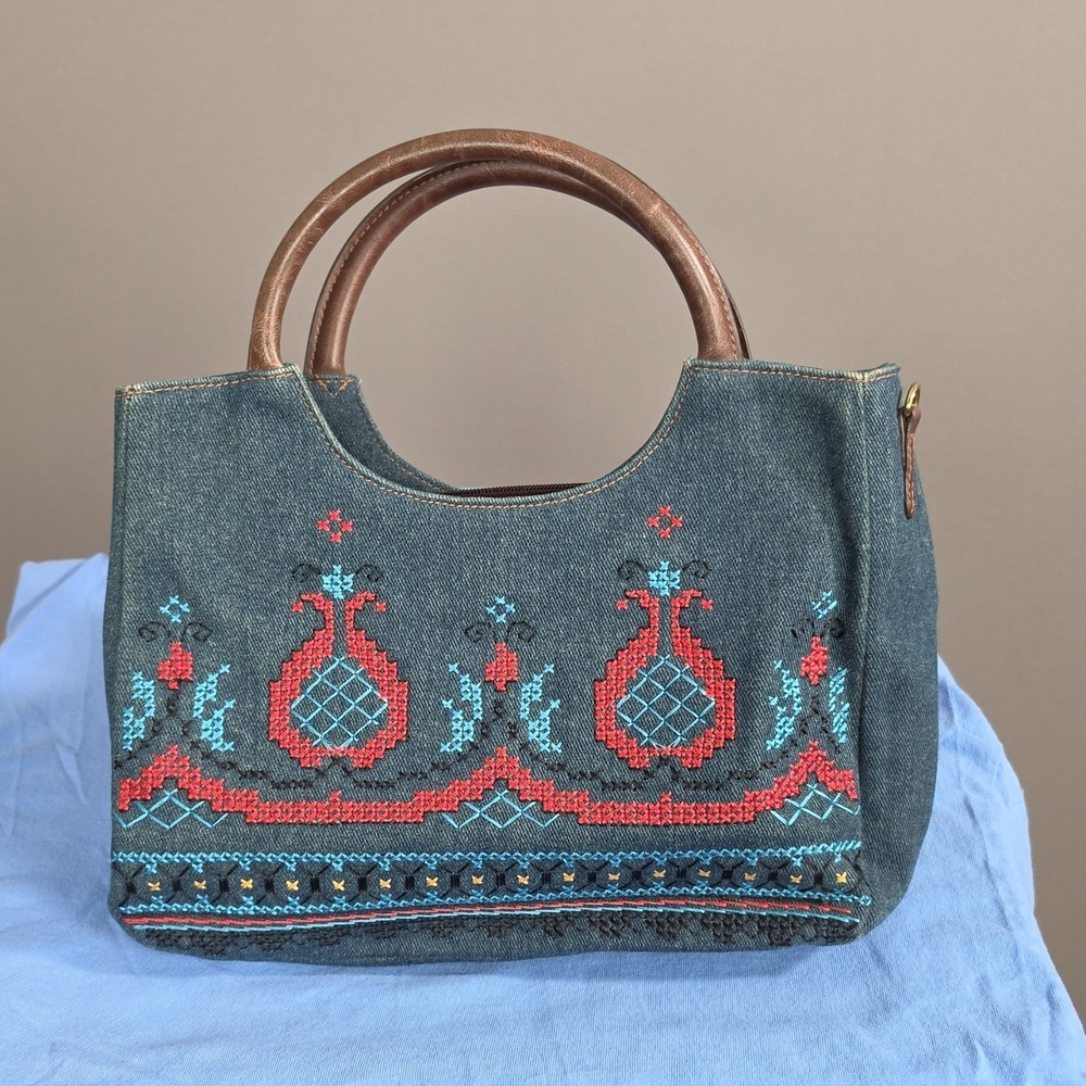 Relic Denim Leather Purse Embroidered‎ Arts & Crafts Design Women's Handbag